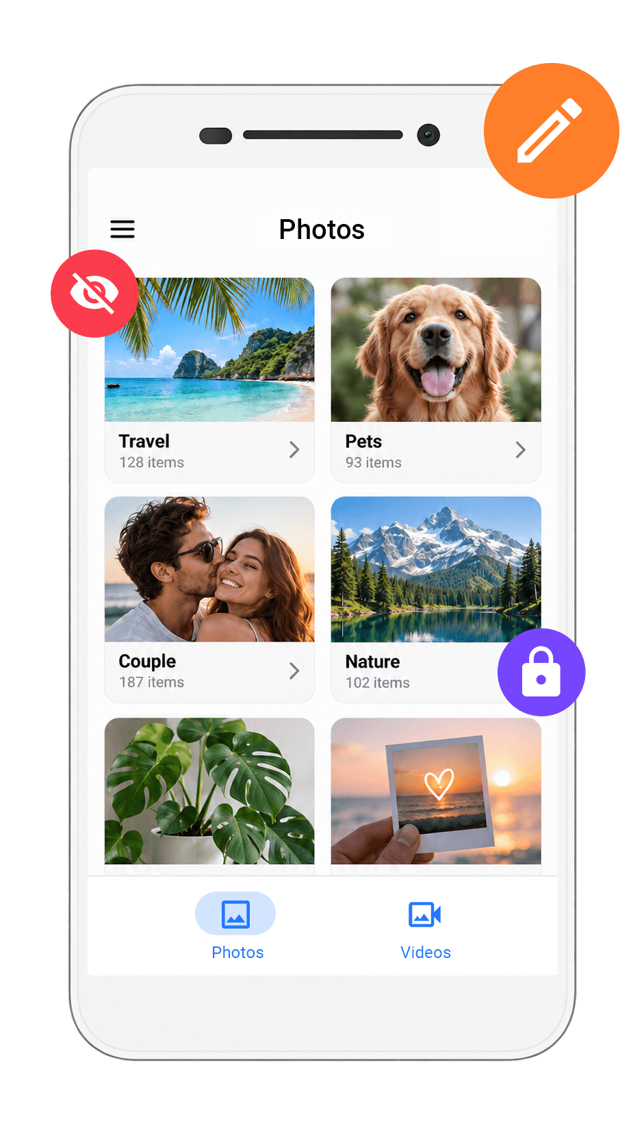 Organize hidden photos and videos in private albums and folders