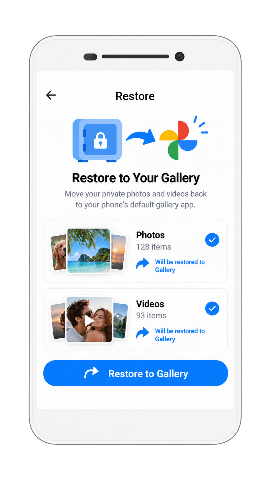 Restore hidden photos and videos from Photo Lock to the Android gallery